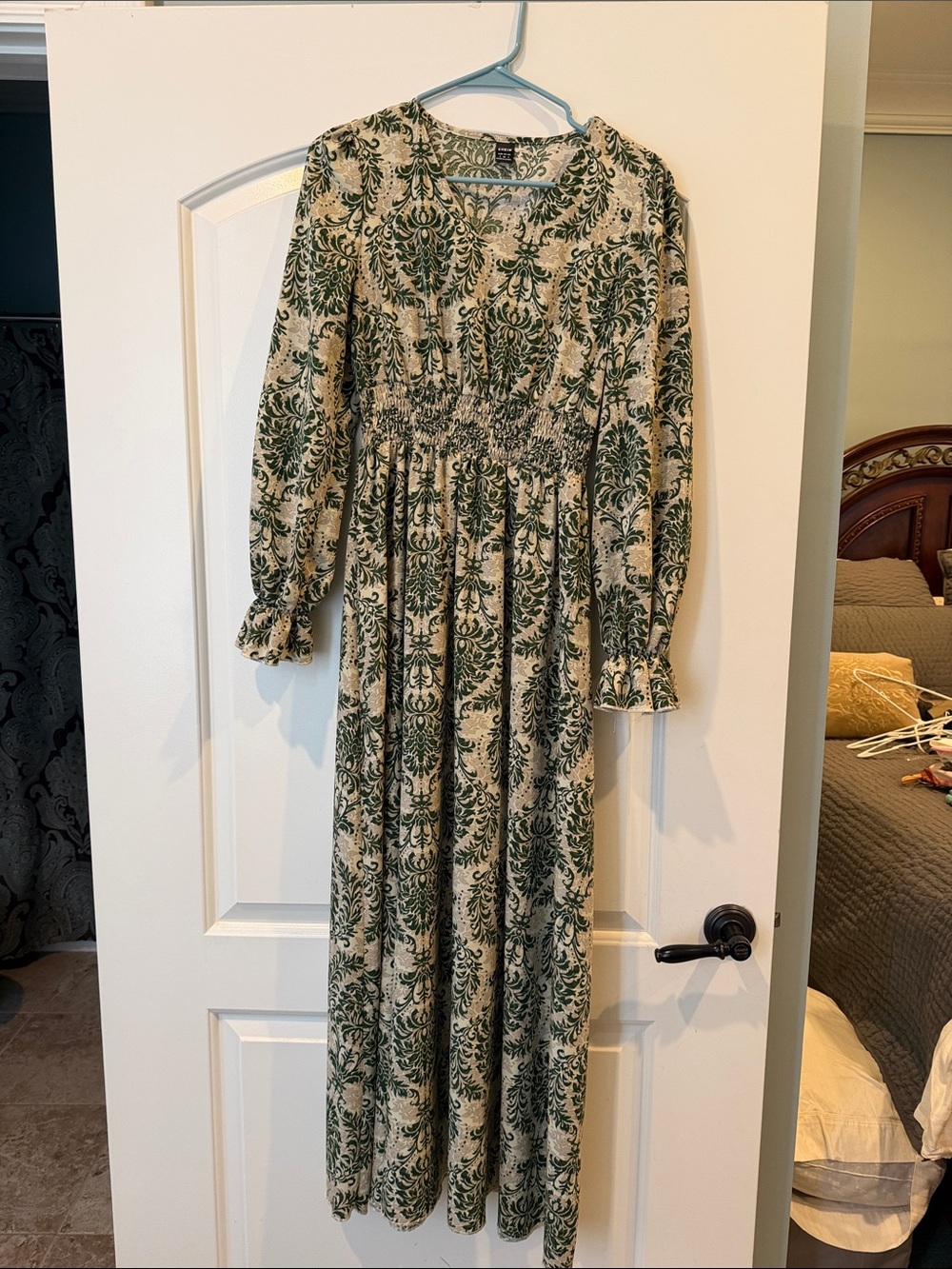 Green and Cream Floral Long Sleeve Maxi Dress